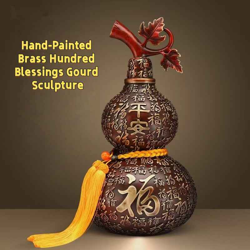 Hand-Painted Brass Hundred Blessings Gourd Sculpture – Feng Shui Prosperity Talisman in Three Sizes